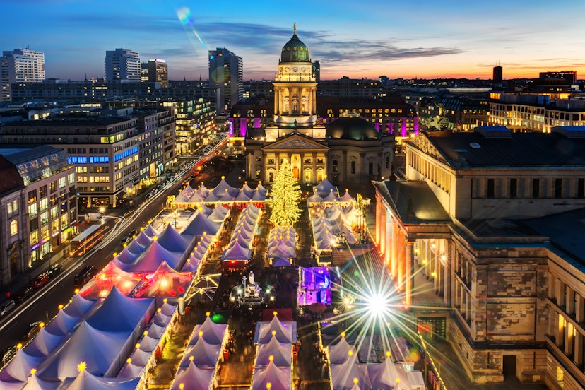 Christmas market at Gendarmenmarkt seen from French Cathedral