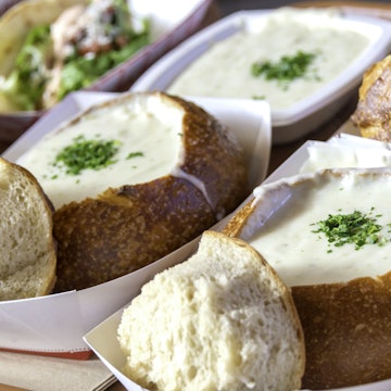 Clam chowder over a restaurant counter, Fisherman's Wharf, San Francisco