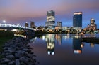 Night Skyline of Milwaukee, Wisconsin from along the Hank Aaron Trail in  Lakeshore State Park