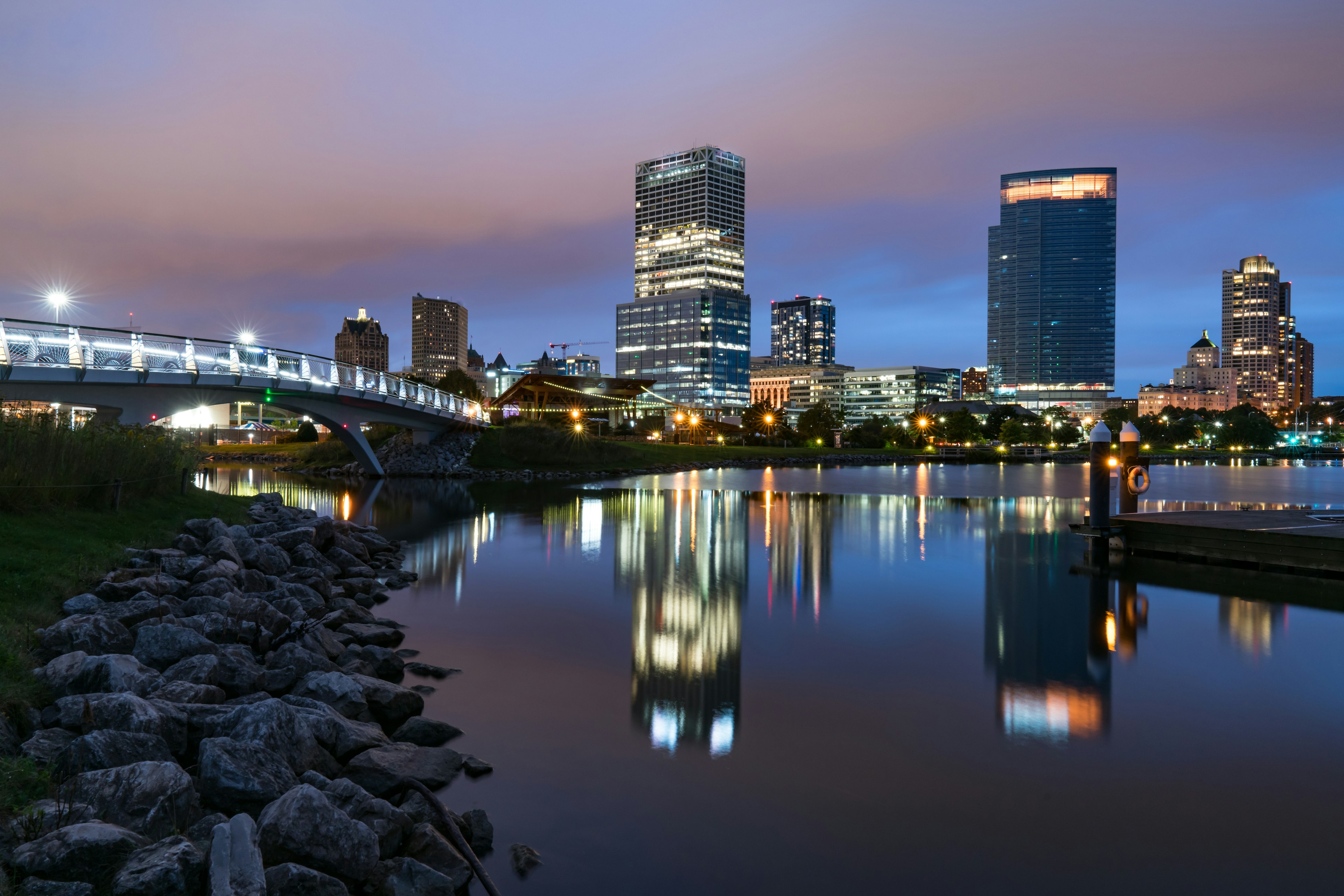 Night Skyline of Milwaukee, Wisconsin from along the Hank Aaron Trail in  Lakeshore State Park