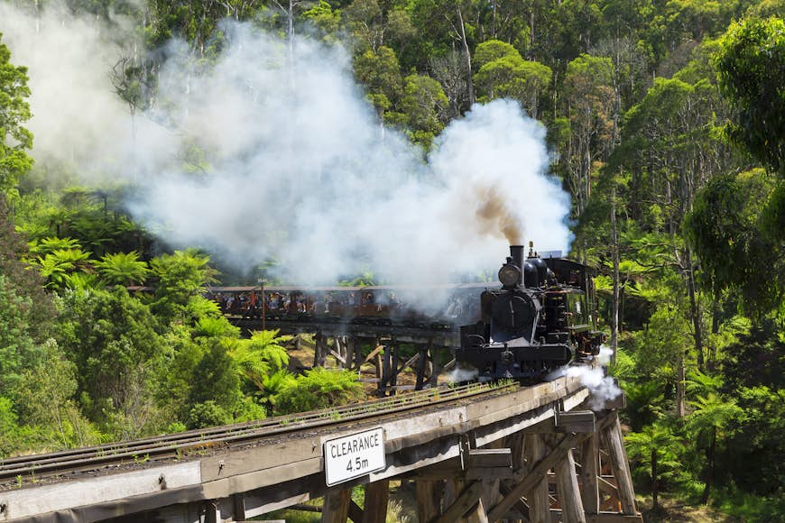 Puffing Billy steam train on Monbulk Creek Trestle Bridge just outside Melbourne 