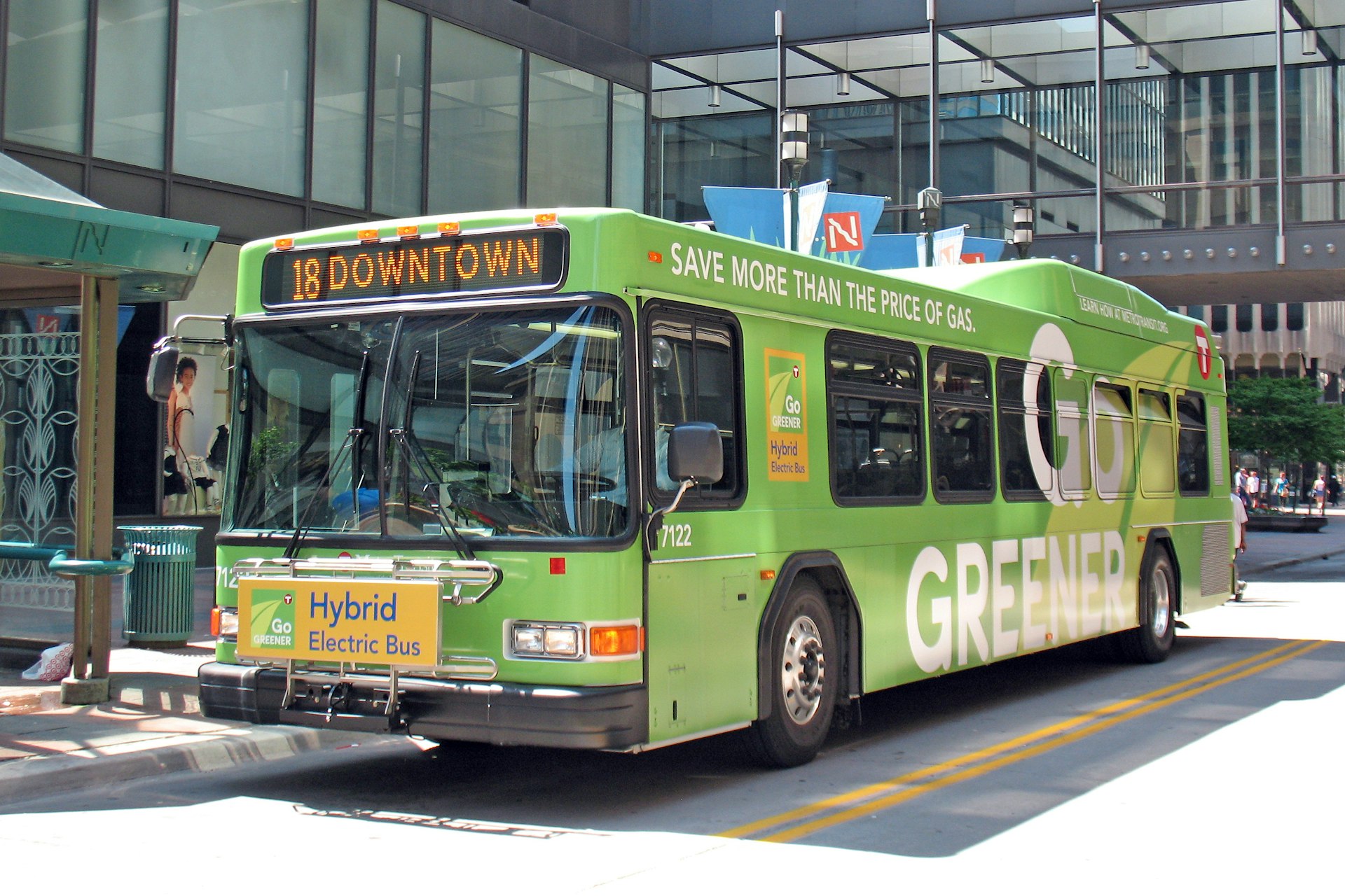 A green hybrid electric Bus in Minneapolis bus