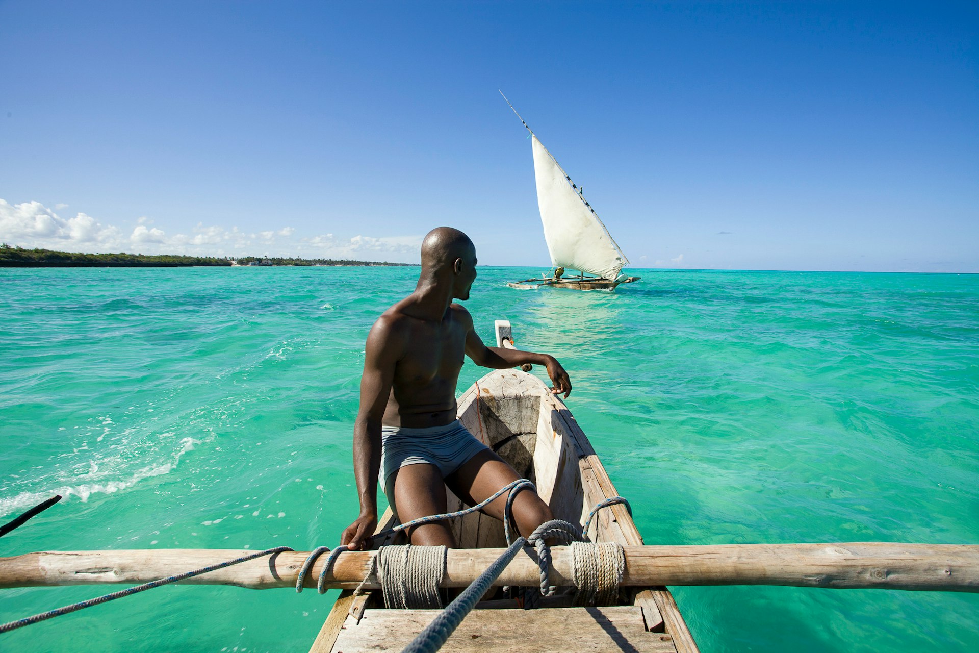 Outrigger sailing boat off the coast of Zanzibar