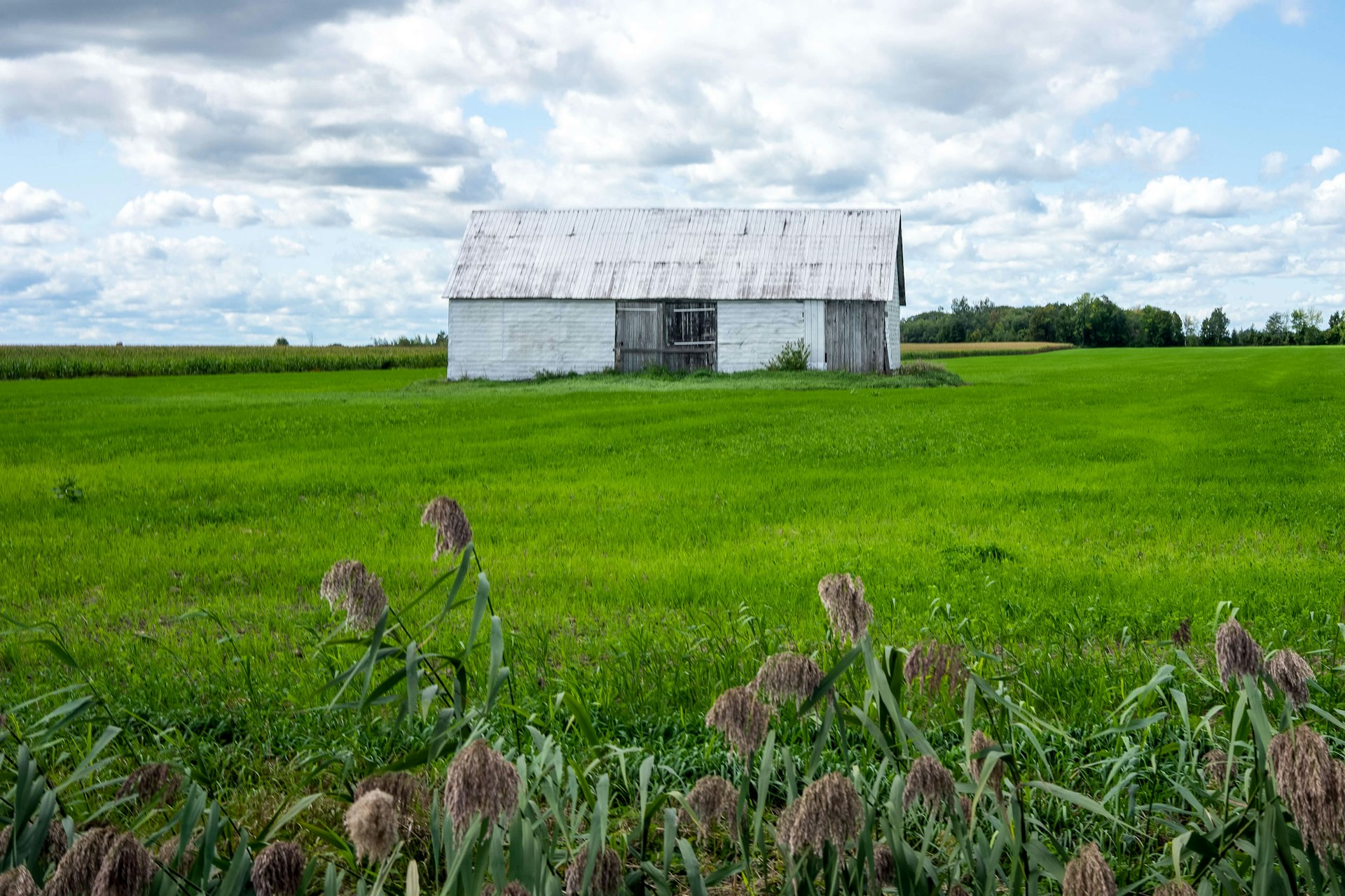 A barn sitting in a green field under cloudy skies