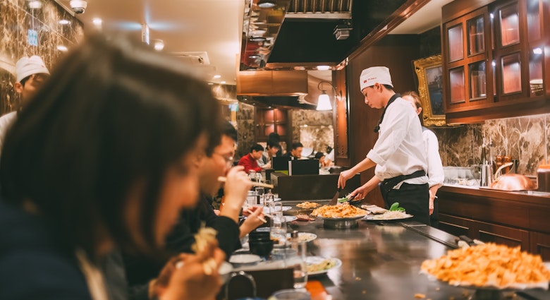 Japanese teppanyaki features beef, shrimp, scallops, lobster, chicken and a variety of vegetables that might include mushrooms, cabbage, carrots, peppers and squash