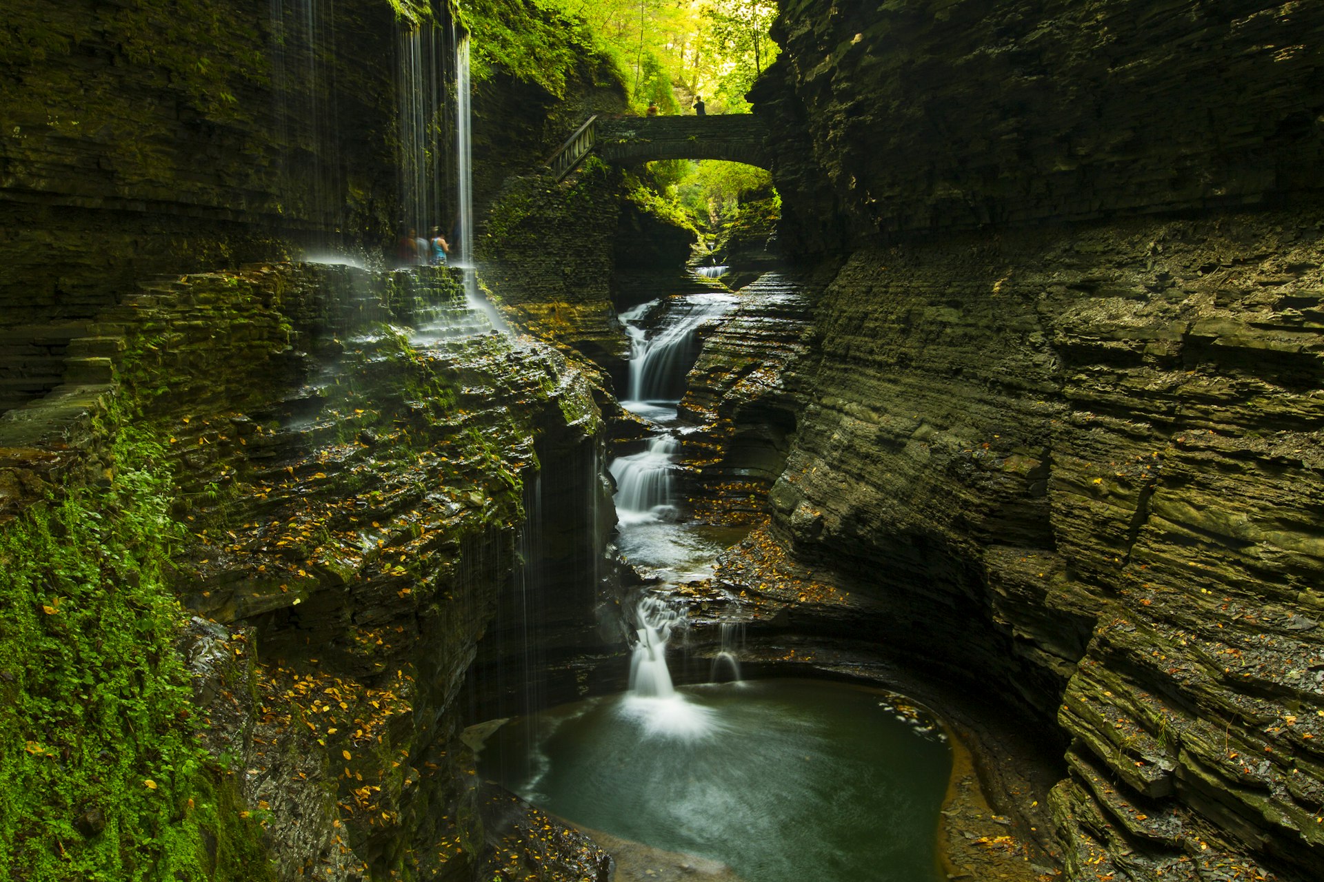Steep rocky walls surround a waterfall in Watkins Glen State Park as people navigate the steps around them