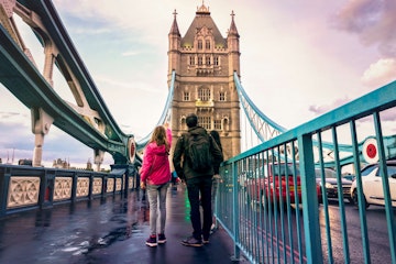 Family on the Tower Bridge in London.