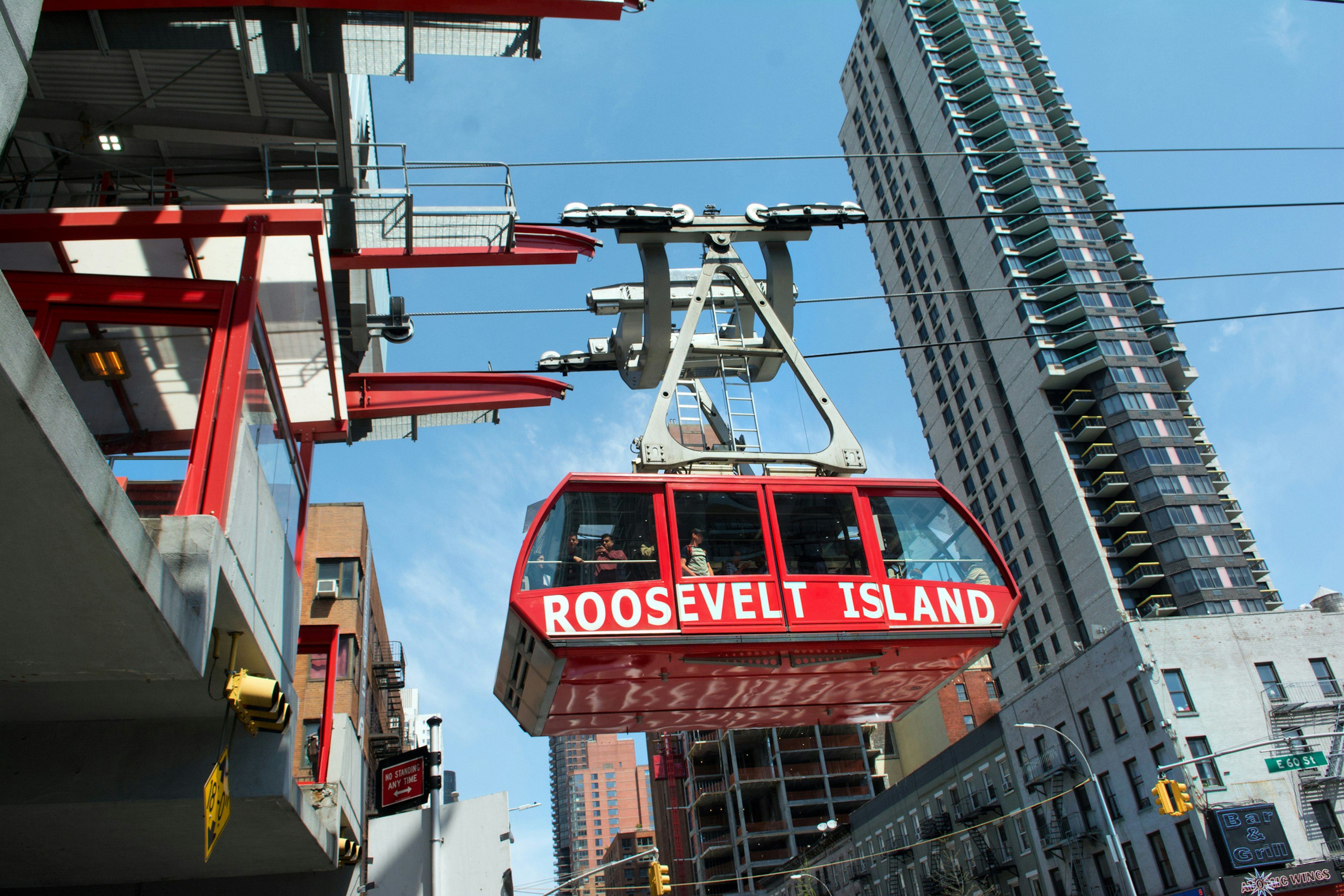 a Roosevelt Island tram approaching the Manhattan entrance