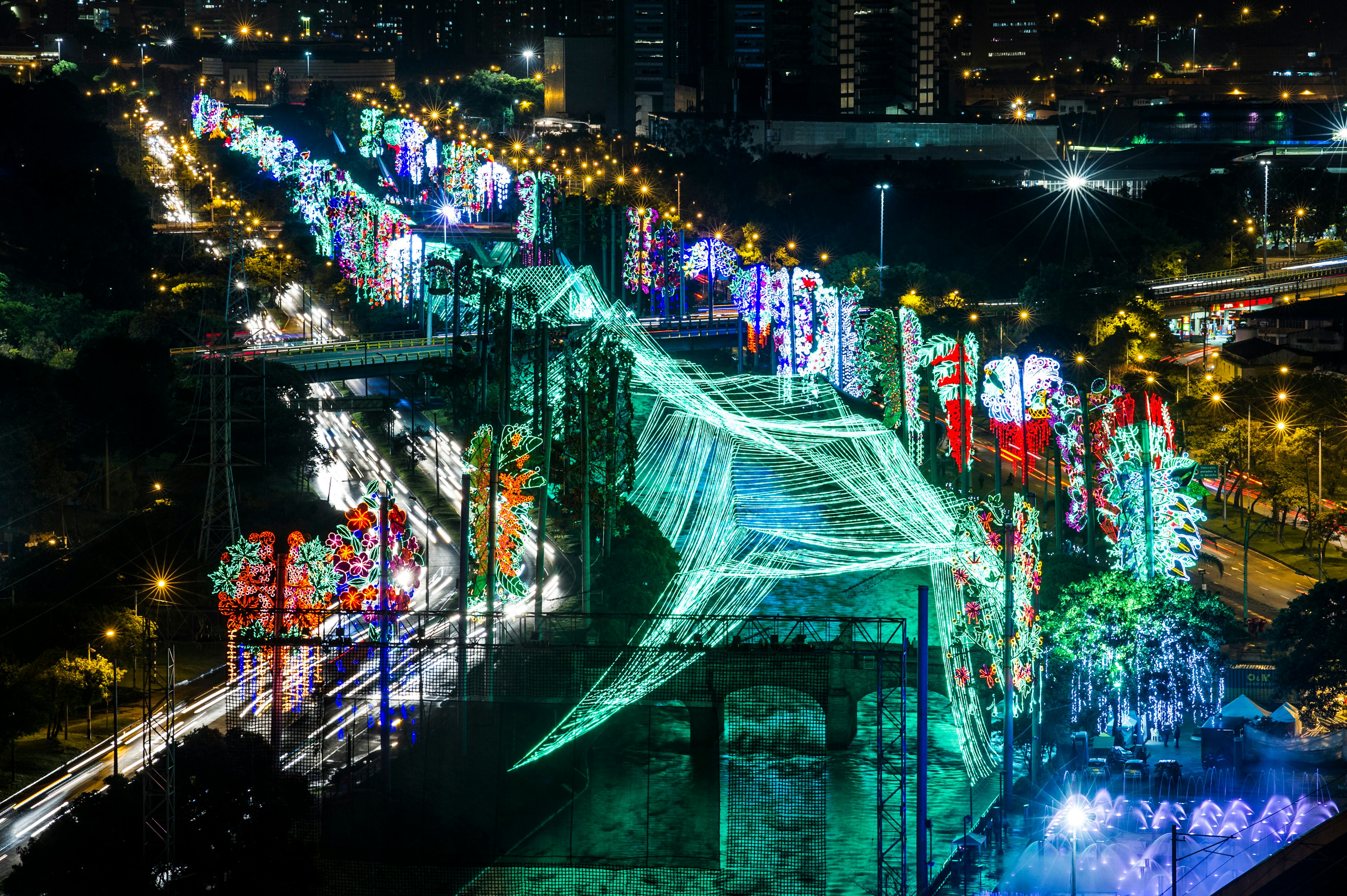 a colorful light display in the streets of Medellín, Colombia