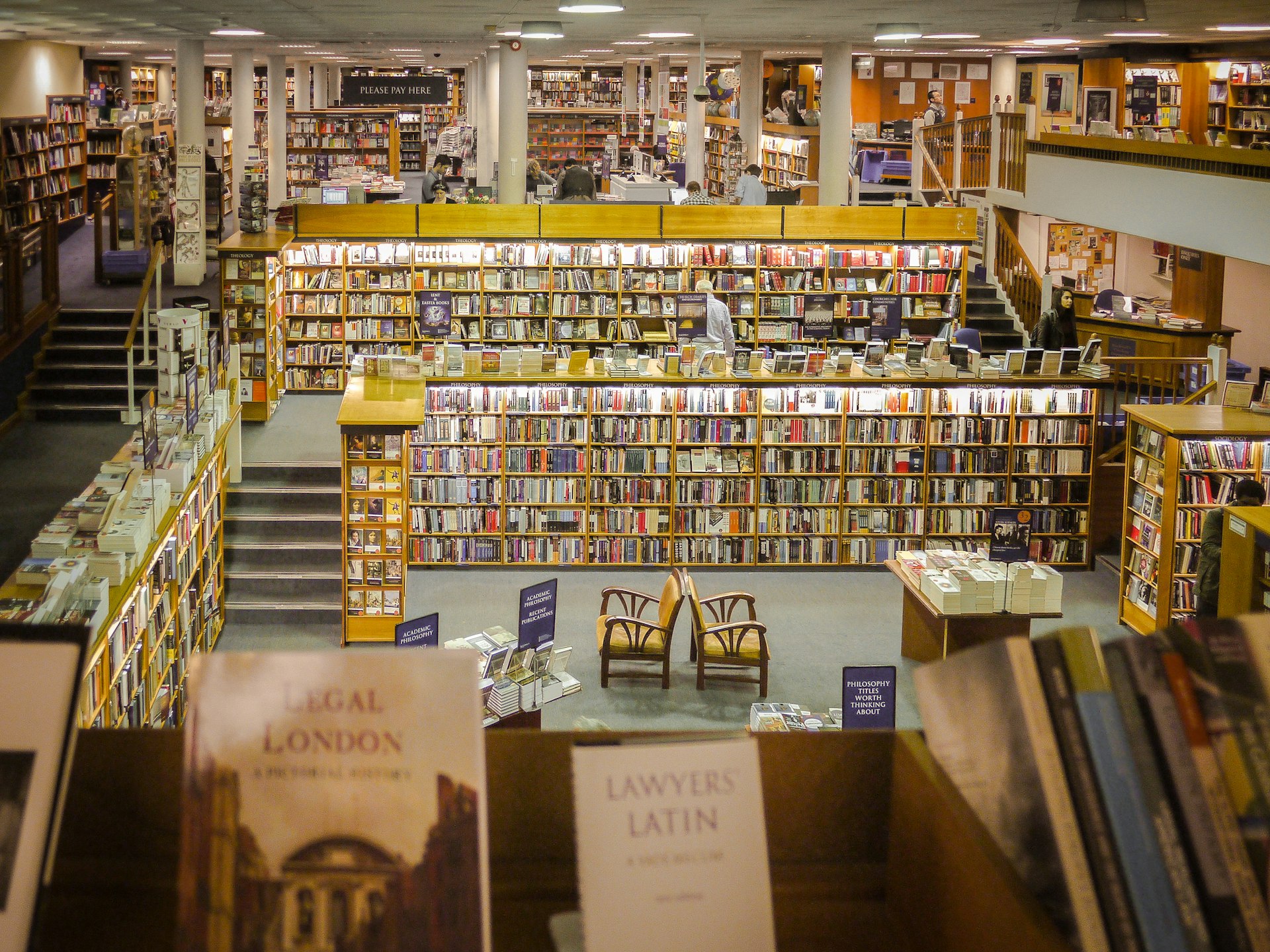 A view of the many book-lined shelves in Blackwell's Bookshop, Oxford.
