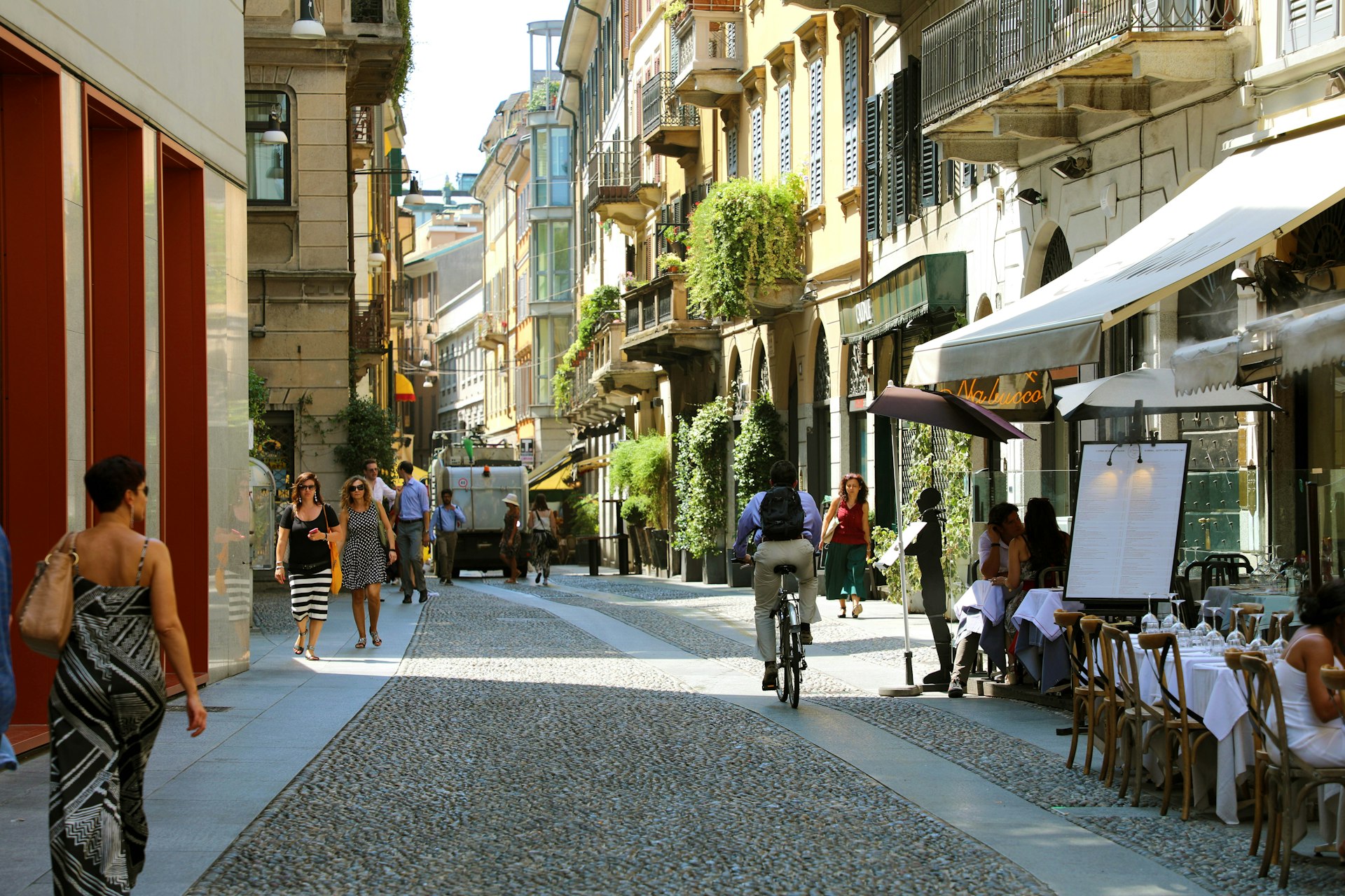 People on the street in the Brera neighborhood of Milan.