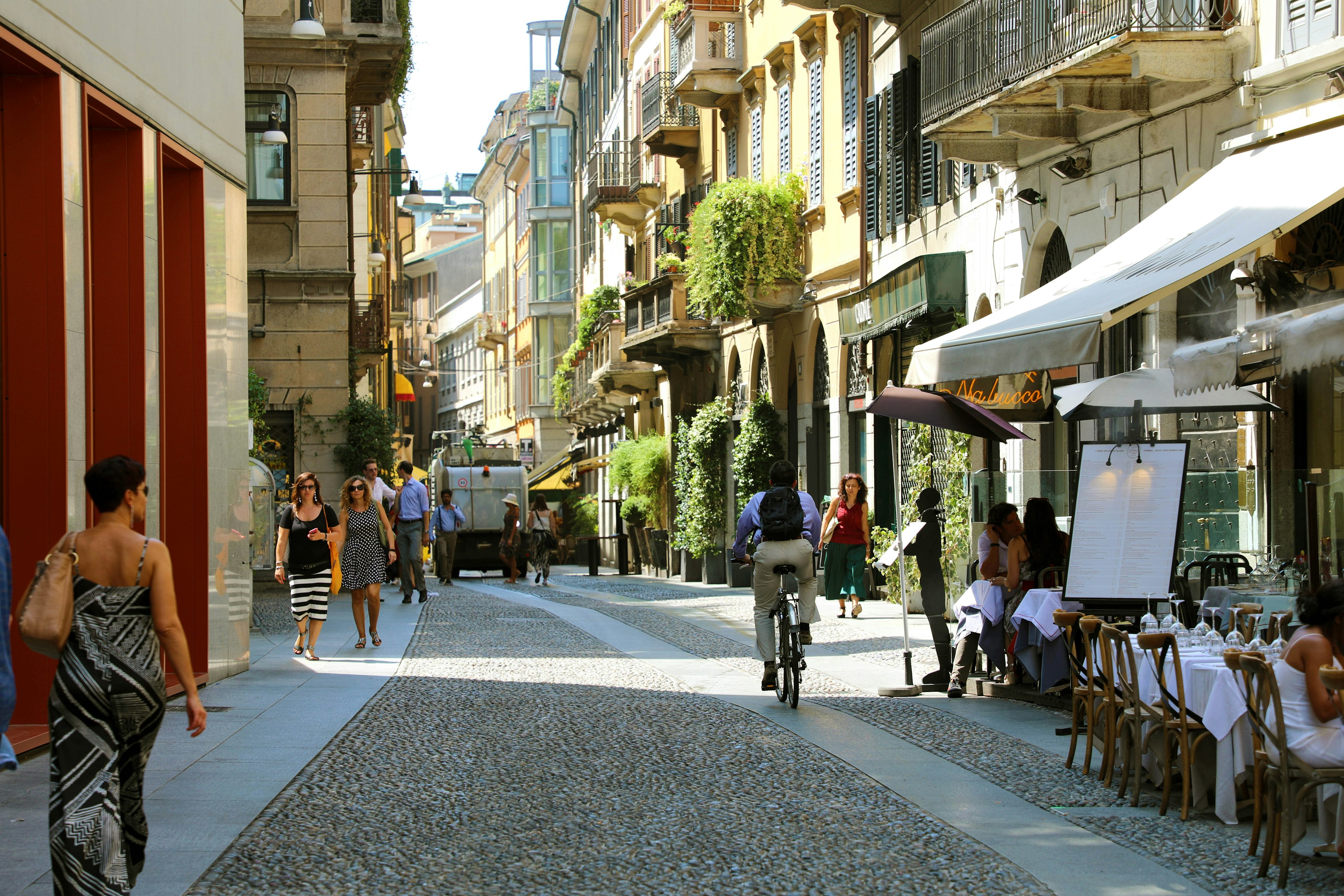 People on the street in the Brera neighborhood of Milan.