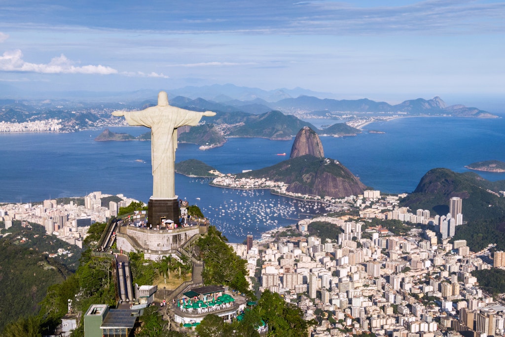 Aerial of Christ the Redeemer statue and Sugarloaf Mountain in Rio de Janeiro.