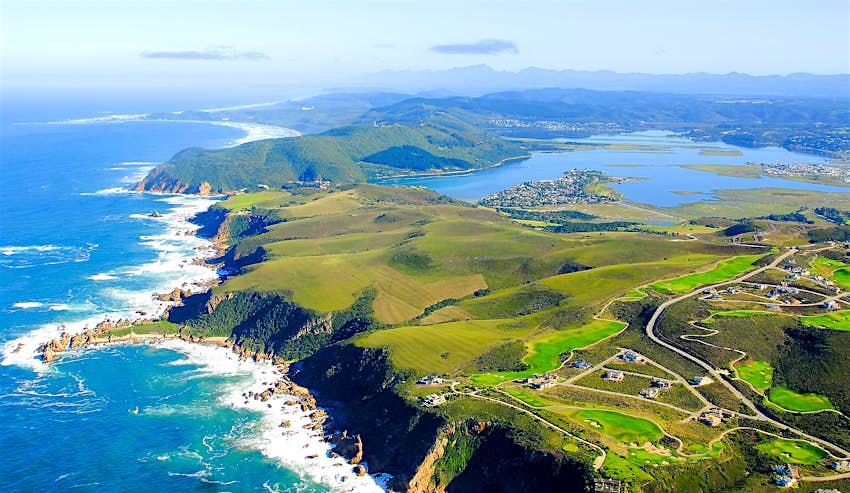 Garden Route, South Africa Aerial view of lush green fields and coastline in Knysna on the Garden Route, South Africa