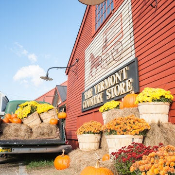 WESTON, VERMONT, USA - OCTOBER 10; the historic Vermont Country Store with produce display outside on October 10,2014 in Weston, USA .The tourist destination store retails range of traditional goods