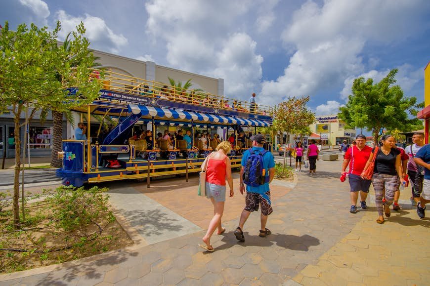 Downtown Oranjestad port and shopping district used for tourism of cruise ships passengers 