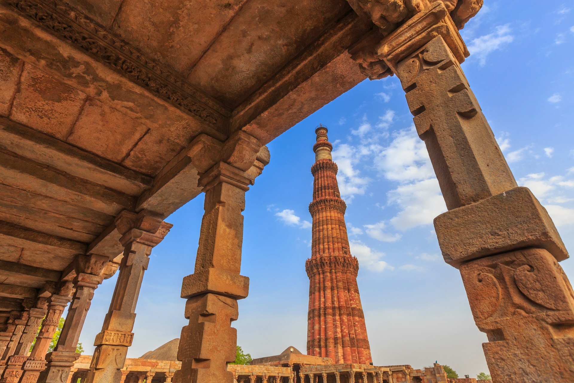 Low-angle view of Qutub Minar, Delhi, India