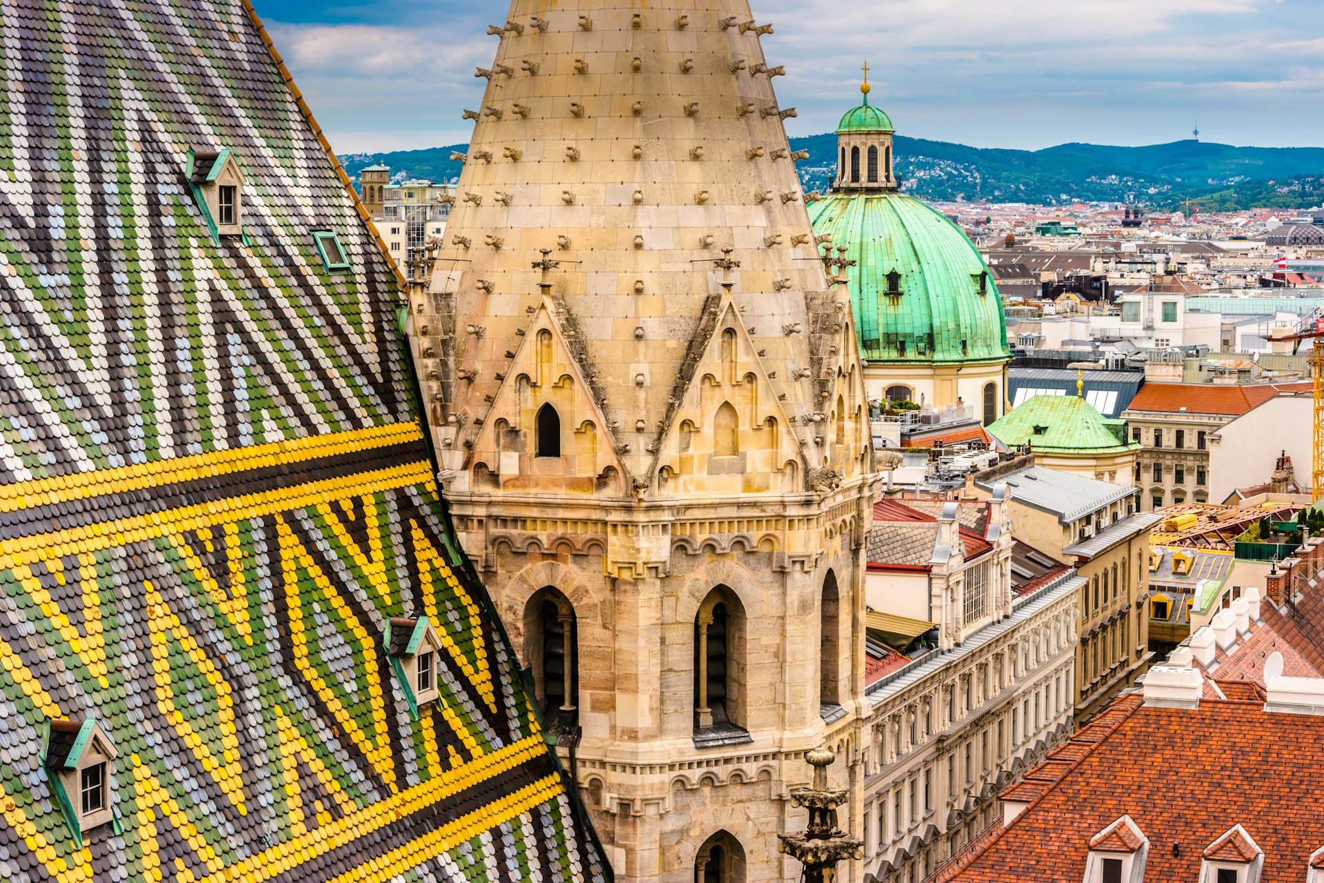 Aerial view over the rooftops of Vienna from the north tower of St. Stephen's Cathedral, Austria.