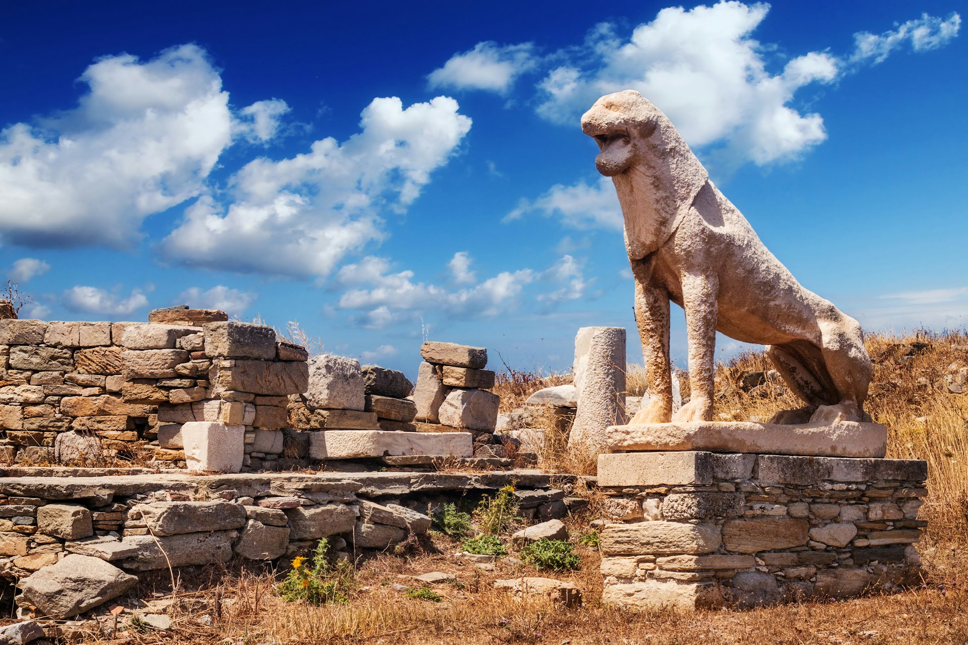 The Terrace of the Lions ruins on Delos island, near Mykonos, Greece