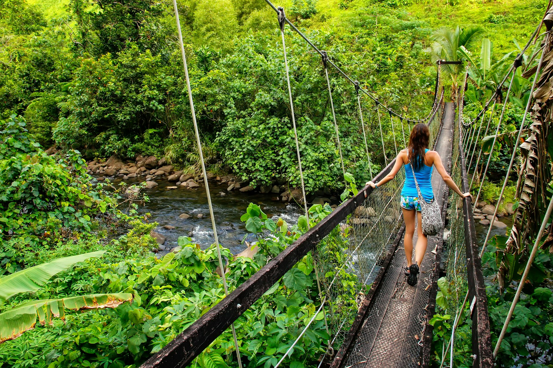 A woman walks along a suspension bridge surrounded by lush green forests in Fiji