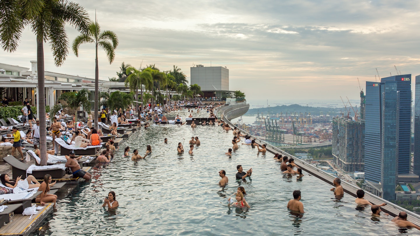 June 26, 2016: Swimming pool of the Marina Bay Sands hotel in Singapore.
