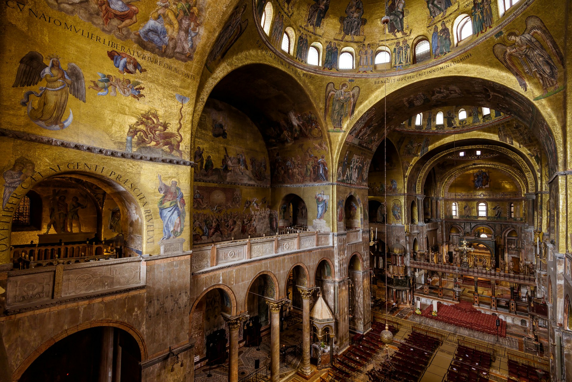 Luxury interior of St Mark`s Basilica (San Marco) in Venice. It is one of the main tourist attractions of Venice.