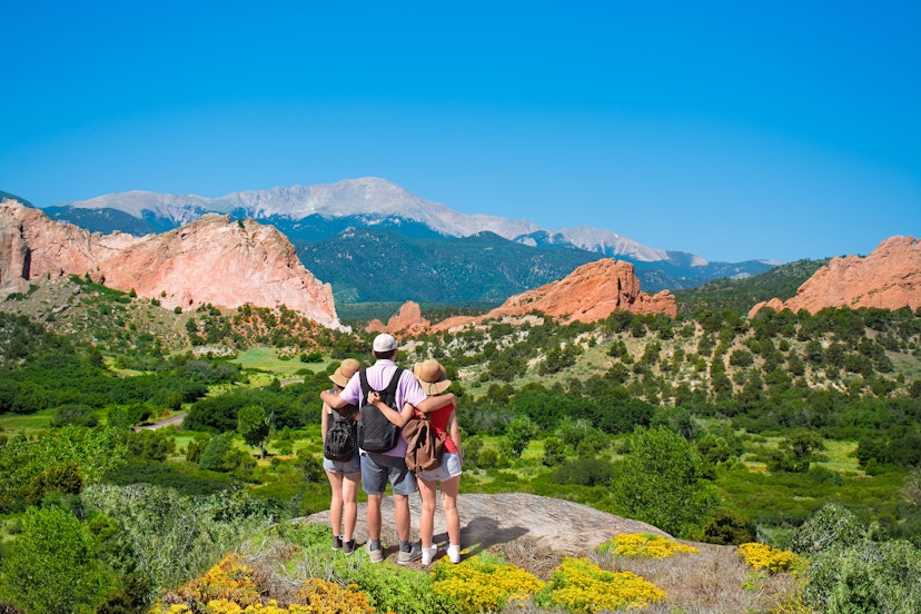 Happy family hiking in the Garden of the Gods, Colorado Springs