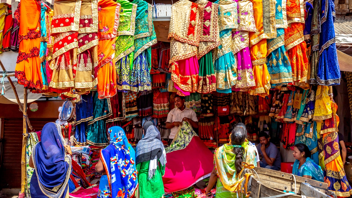 Crowded shopping street in Delhi, India