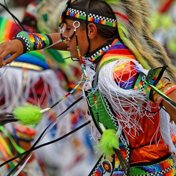 BISMARK, NORTH DAKOTA, September 9, 2018 : Young dancer of the 49th annual United Tribes Pow Wow, one large outdoor event that gathers 900 dancers and musicians celebrating Native American culture
