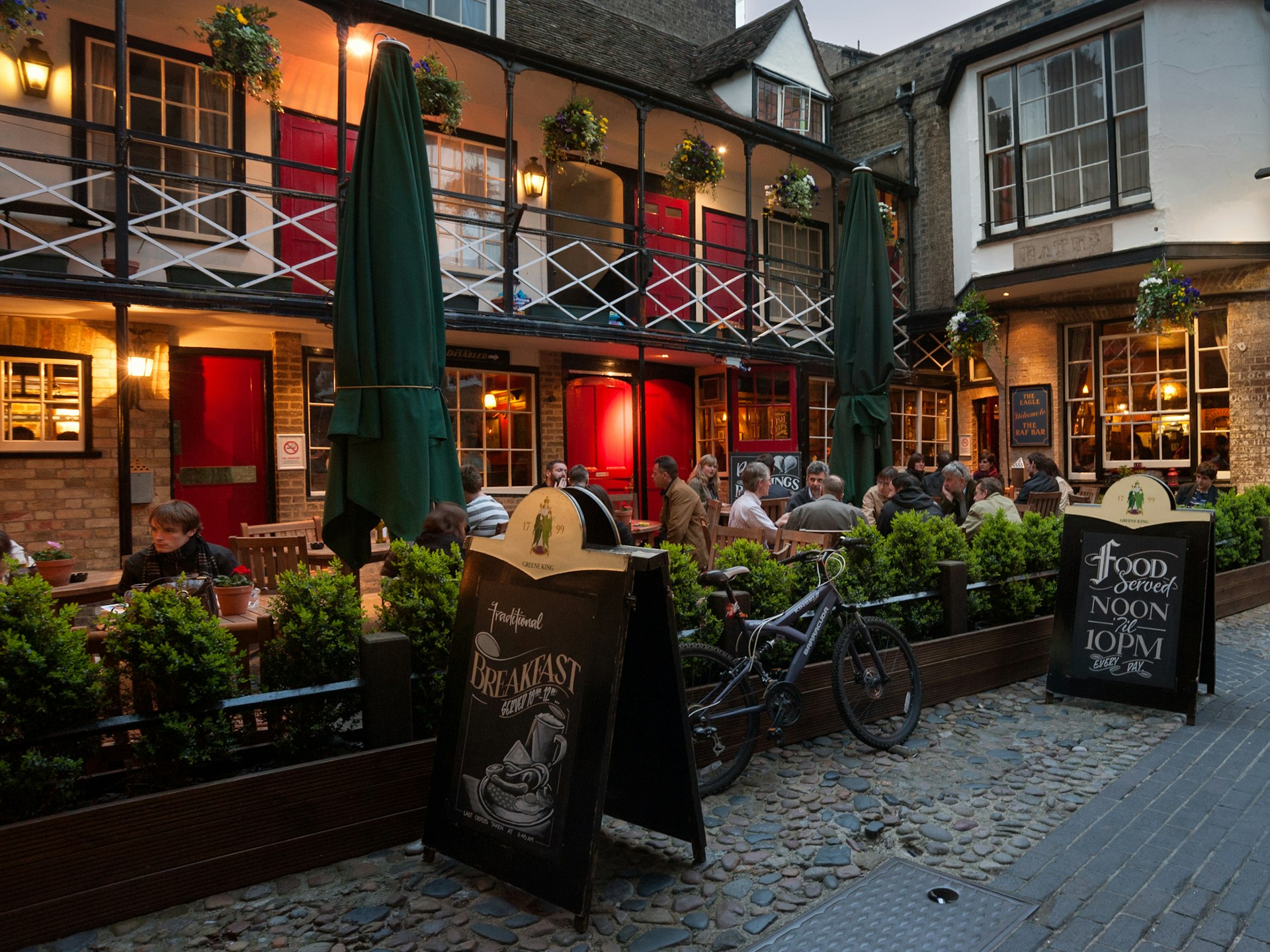 the exterior of the Eagle pub at dusk