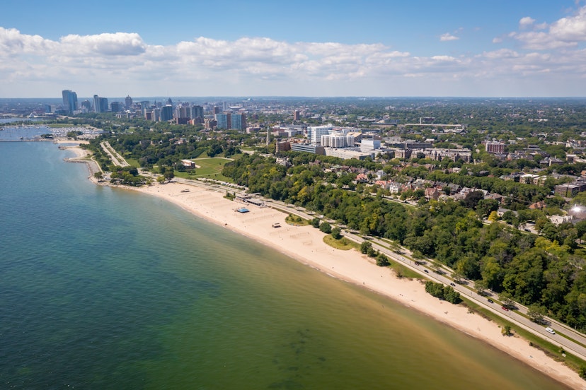 Aerial view Lake Michigan coastline featuring Lake Park, Bradford Beach and downtown Milwaukee skyline.; Shutterstock ID 2026250414; your: Claire Naylor; gl: 65050; netsuite: Online Editorial; full: Best beaches Milwaukee