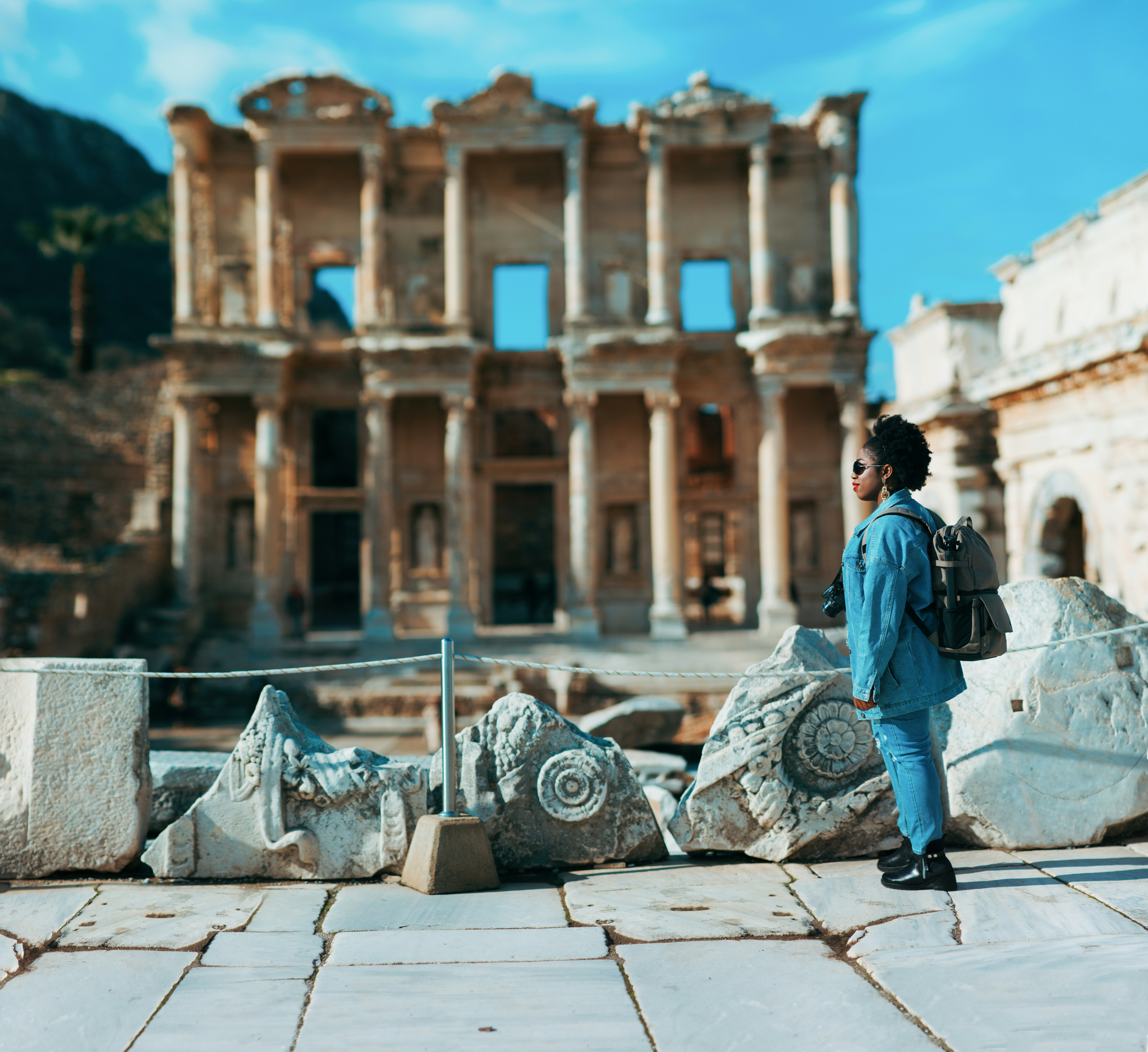 Woman admiring ruins at Ephesus in Turkey