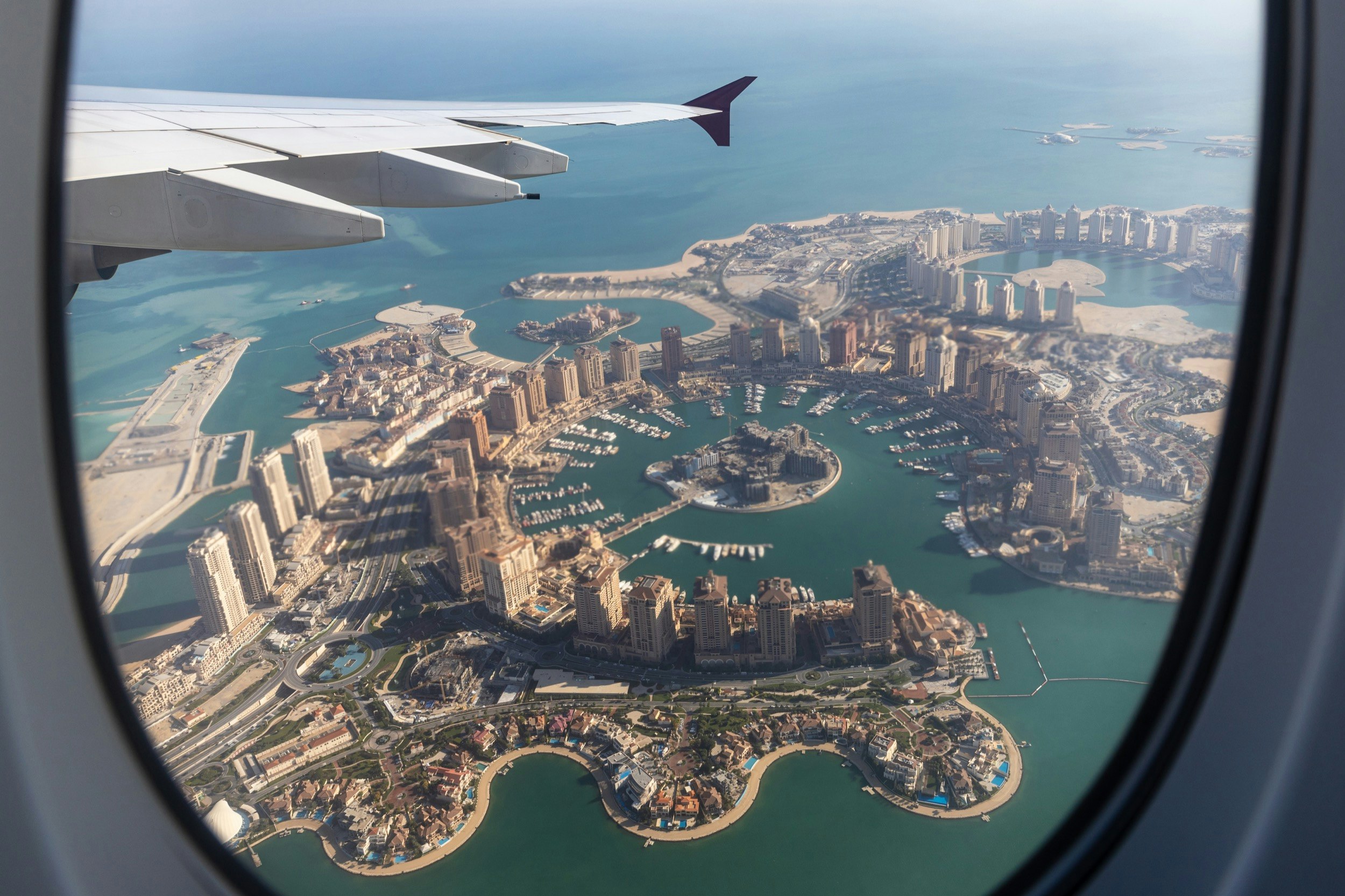 The Skyline of Doha from the window of an airplane