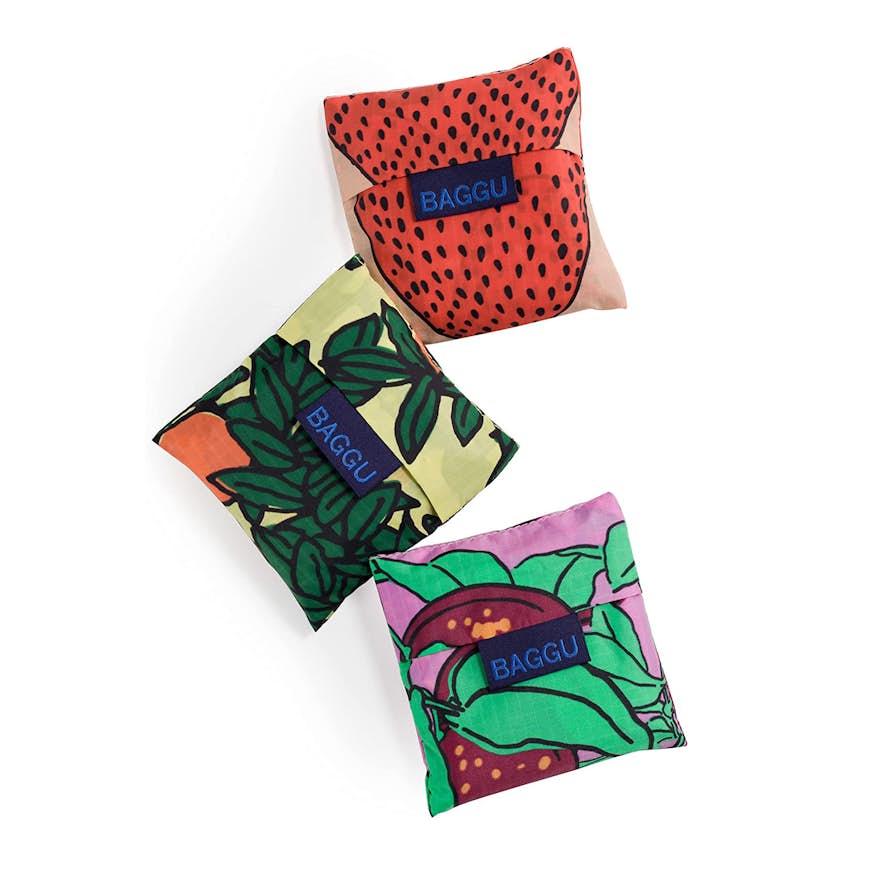 BAGGU's small reusable shopping bags in a variety of colorful prints