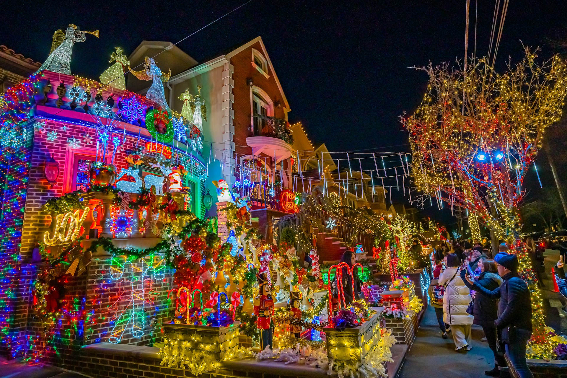Brooklyn, NY, USA - December 23, 2019, Night view Christmas decoration of houses in Dyker Heights, New York City