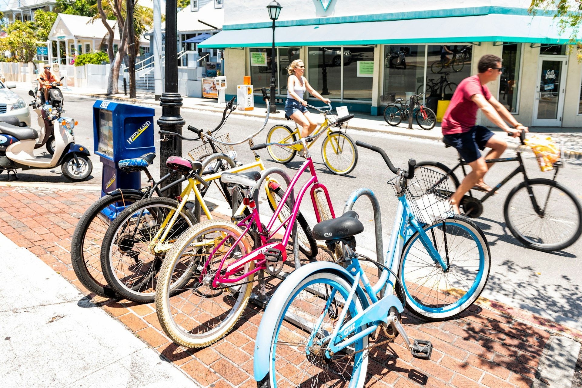 Colorful bikes and cyclists on Key West