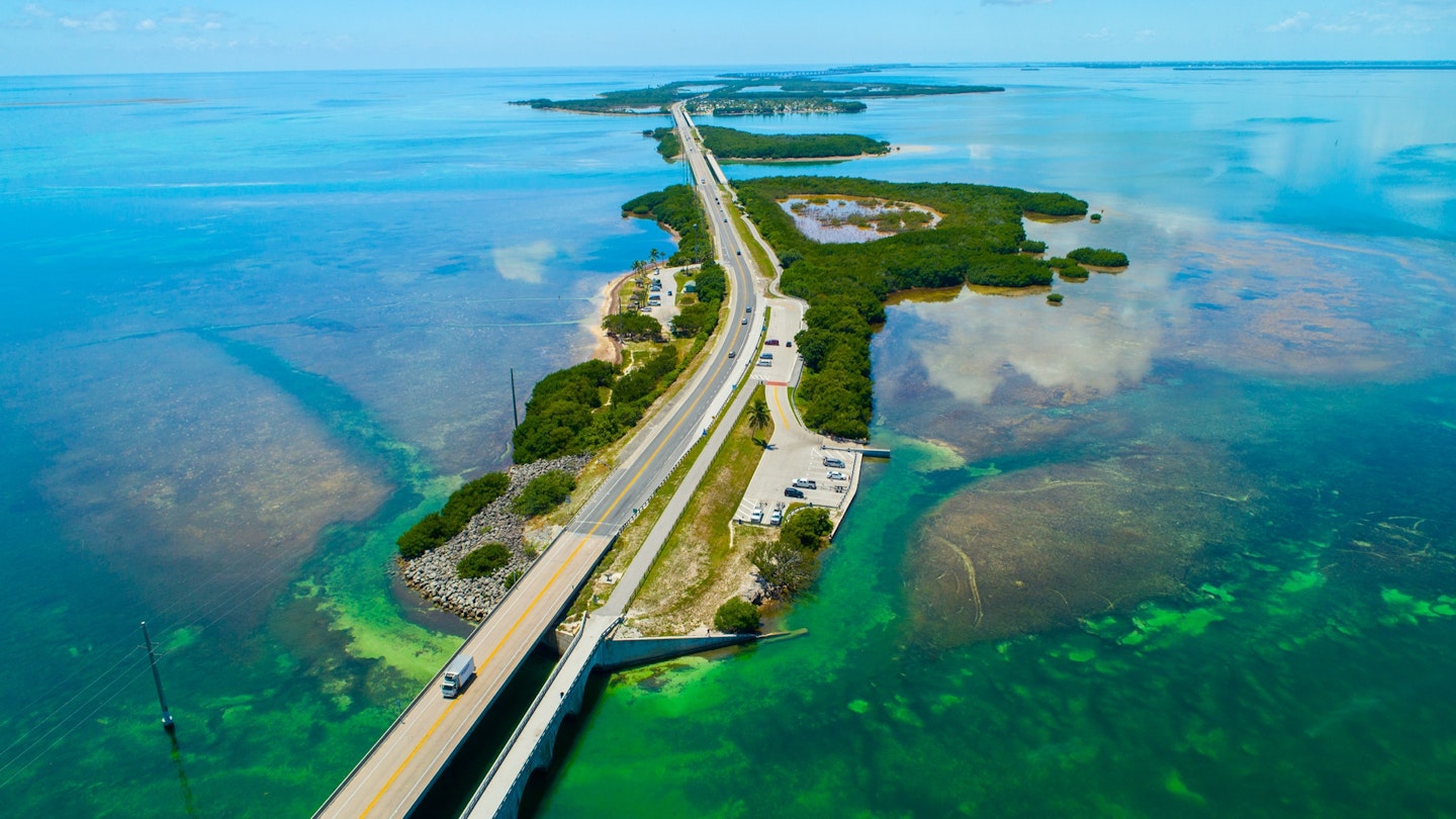 Overseas highway to Key West island, Florida Keys, USA. Aerial view beauty nature. ; Shutterstock ID 708960646; your: Ben N Buckner; gl: 65050; netsuite: Client Services; full: Florida Keys - Outdoor adventures