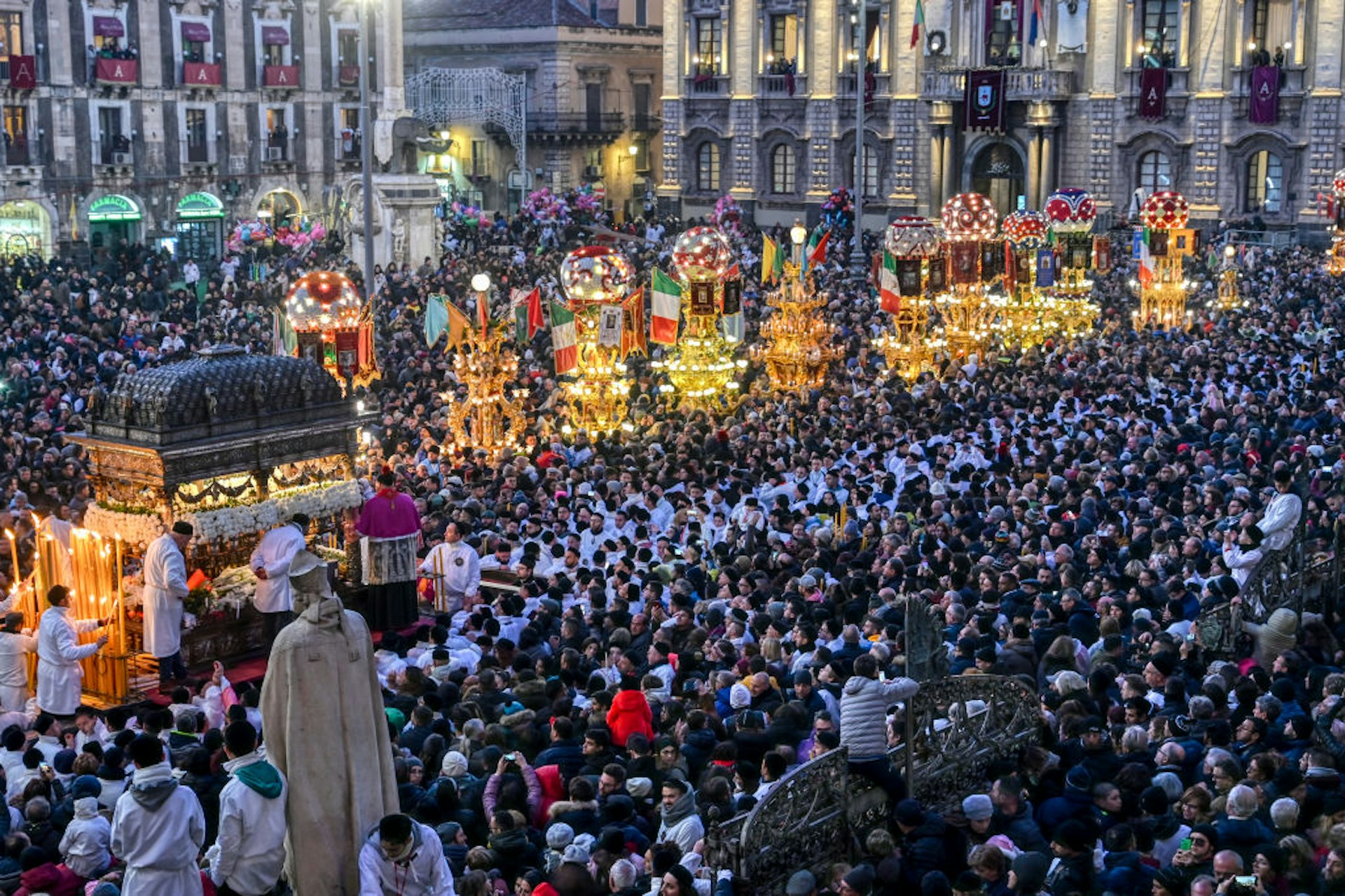 Pilgrims crowd Piazza Duomo in Catania to celebrate the feast of Saint Agatha