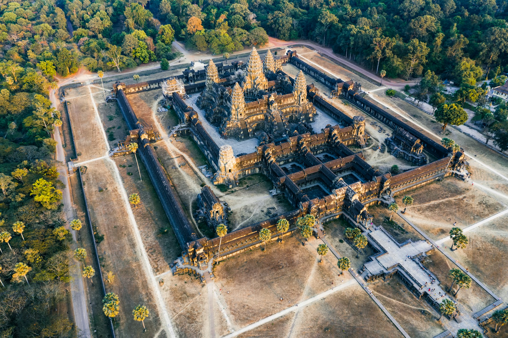 Aerial view of Angkor Wat temple at sunset, Cambodia