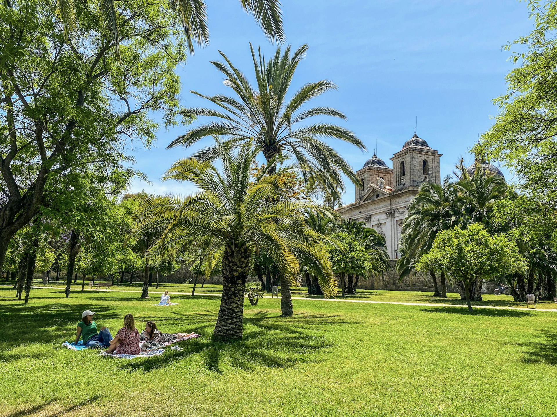People picnic on the grass under a palm tree in a wide open garden overlooked by medieval towers 