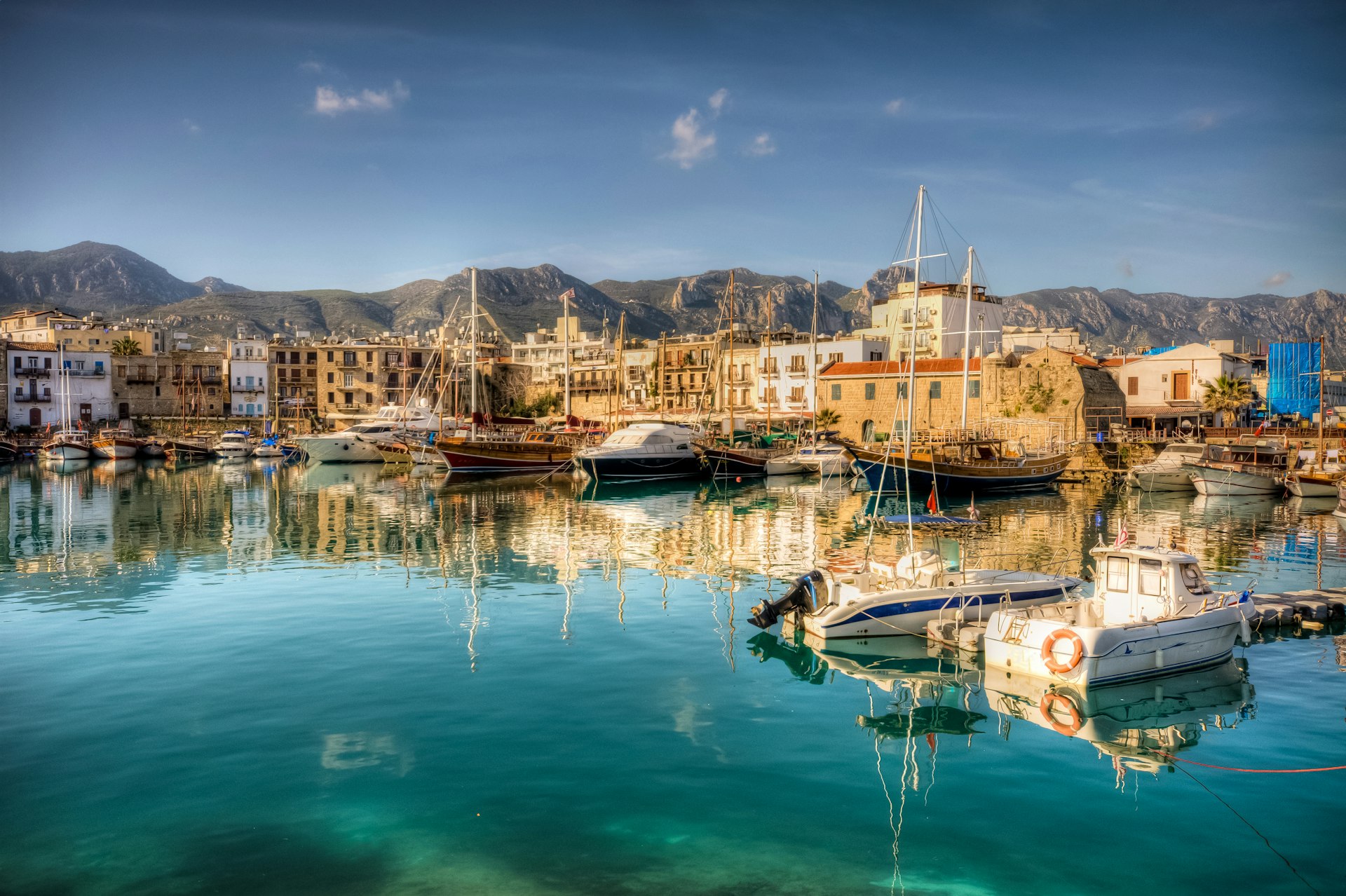 Boats lined up at the ancient harbor in Kyrenia (Girne)