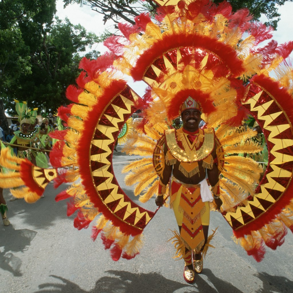 A man participates in the Parade of Troupes during Carnival Week Anguilla