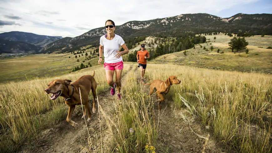 Couple trail running with two dogs on Montana hillside near Bozeman