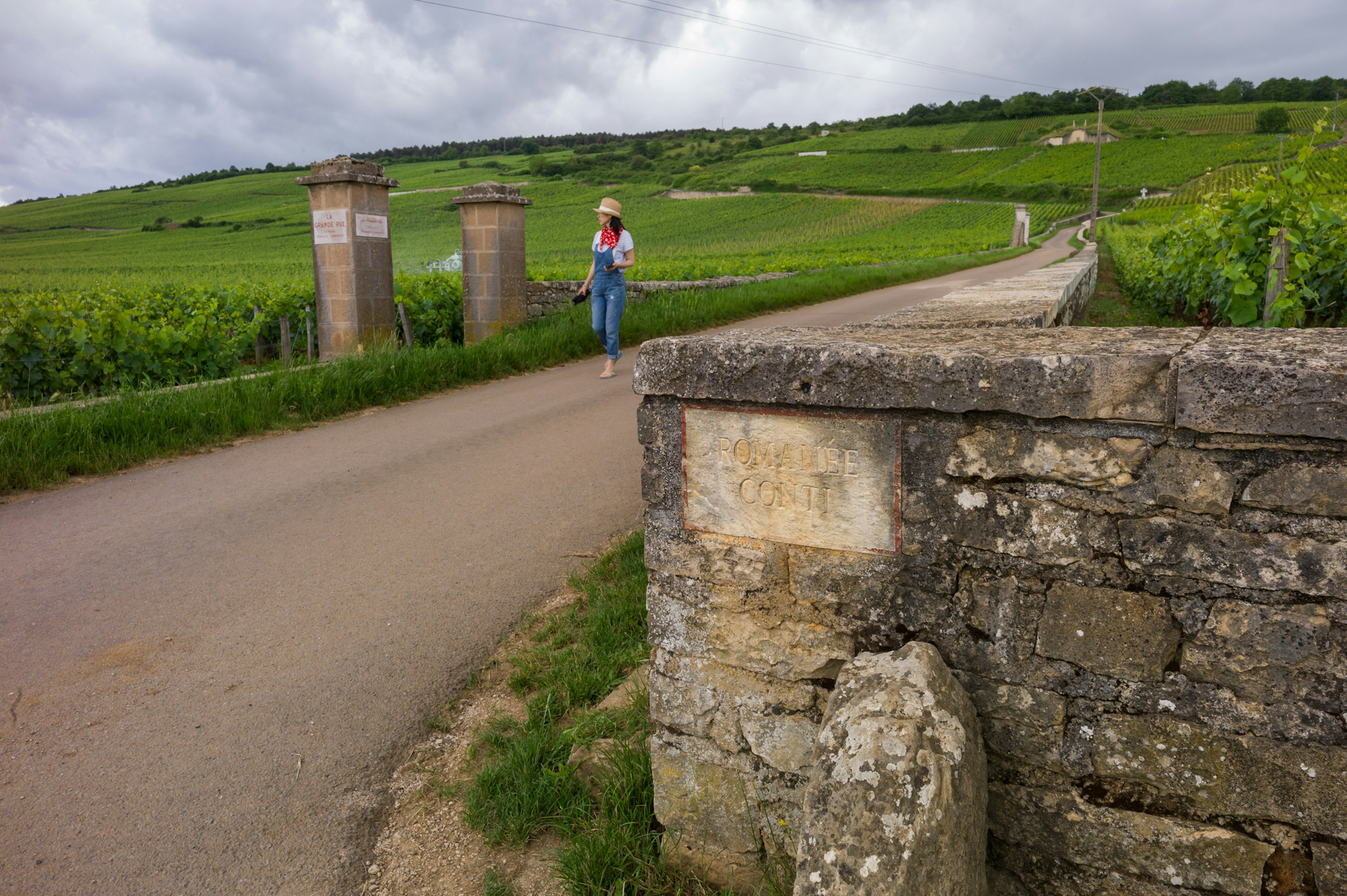 The world's famous Romanee conti vineyard with a vineyard marker on the wall in Burgundy, France.