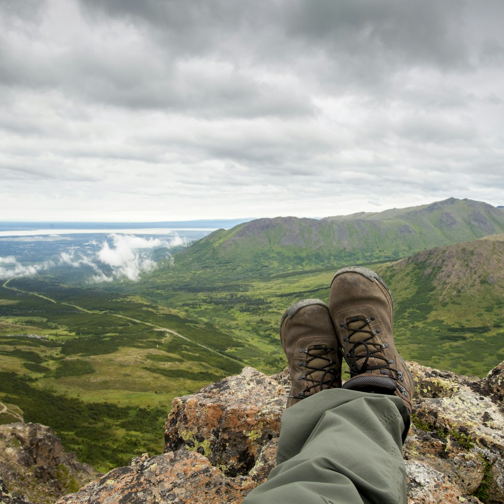 Climbers legs and feet on top of Flat Top Mountain trail, near Anchorage AK, Chugach Mountains.
Climbers legs and feet on top of Flat Top Mountain trail, near Anchorage AK, Chugach Mountains.. (Photo by: Edwin Remsburg/VW Pics via Getty Images)