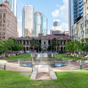 Post Office Square in Brisbane which is a popular location for people to relax and meet. People are clearly visible