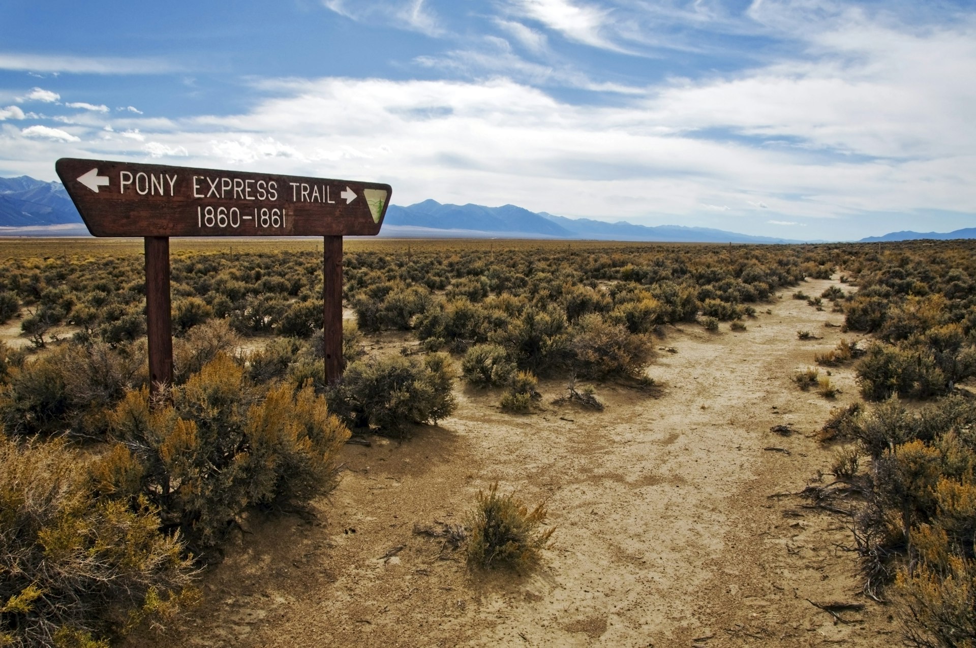 A sign shows the old Pony Express Route off of Highway 50, Nevada.