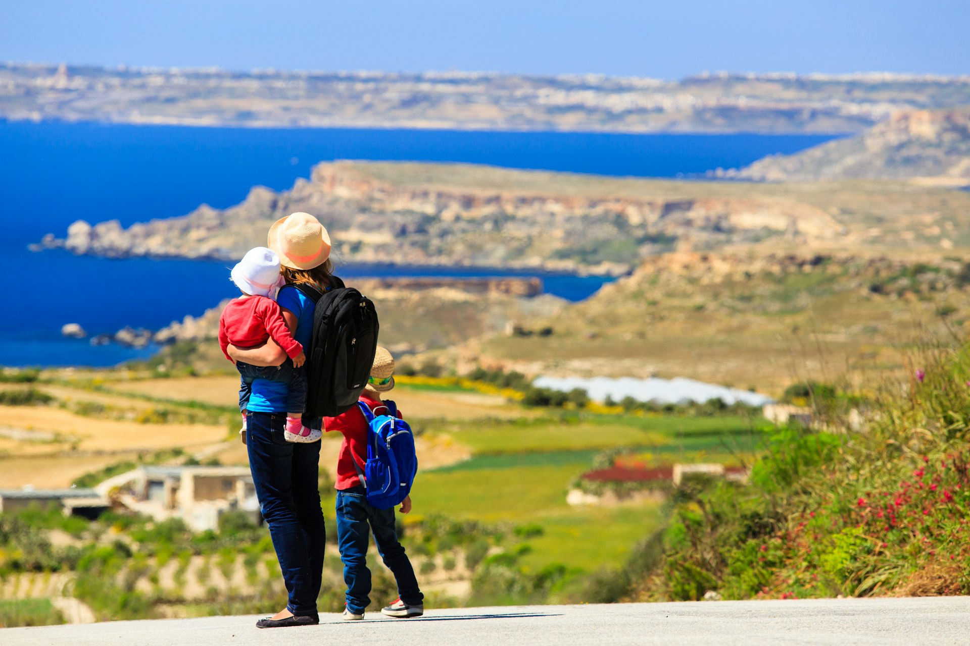 A mother with two kids overlooking a scenic mountain vista, seen from the back