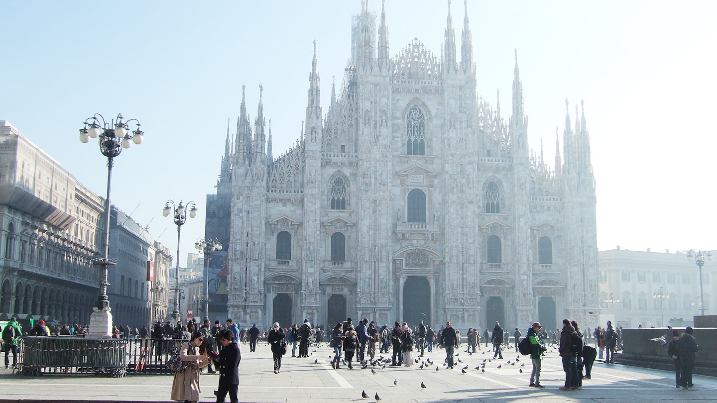 Exterior of the Duomo di Milano and Piazza del Duomo.