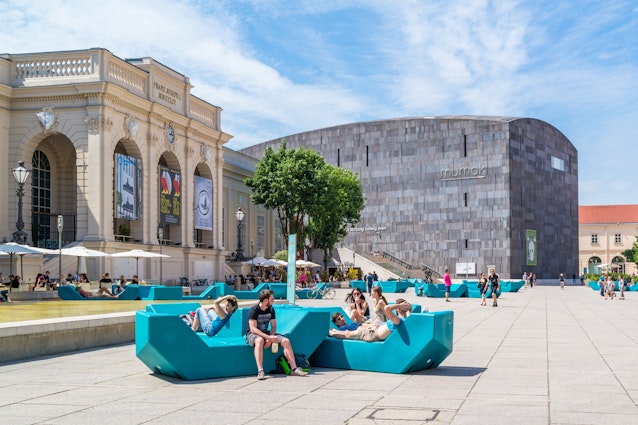 People on Museums Quartier square in Vienna, Austria